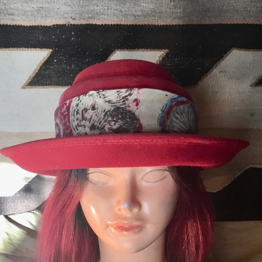 Vintage red 100%wool felt hat created by AmyG O/S handpainted teepee chamois